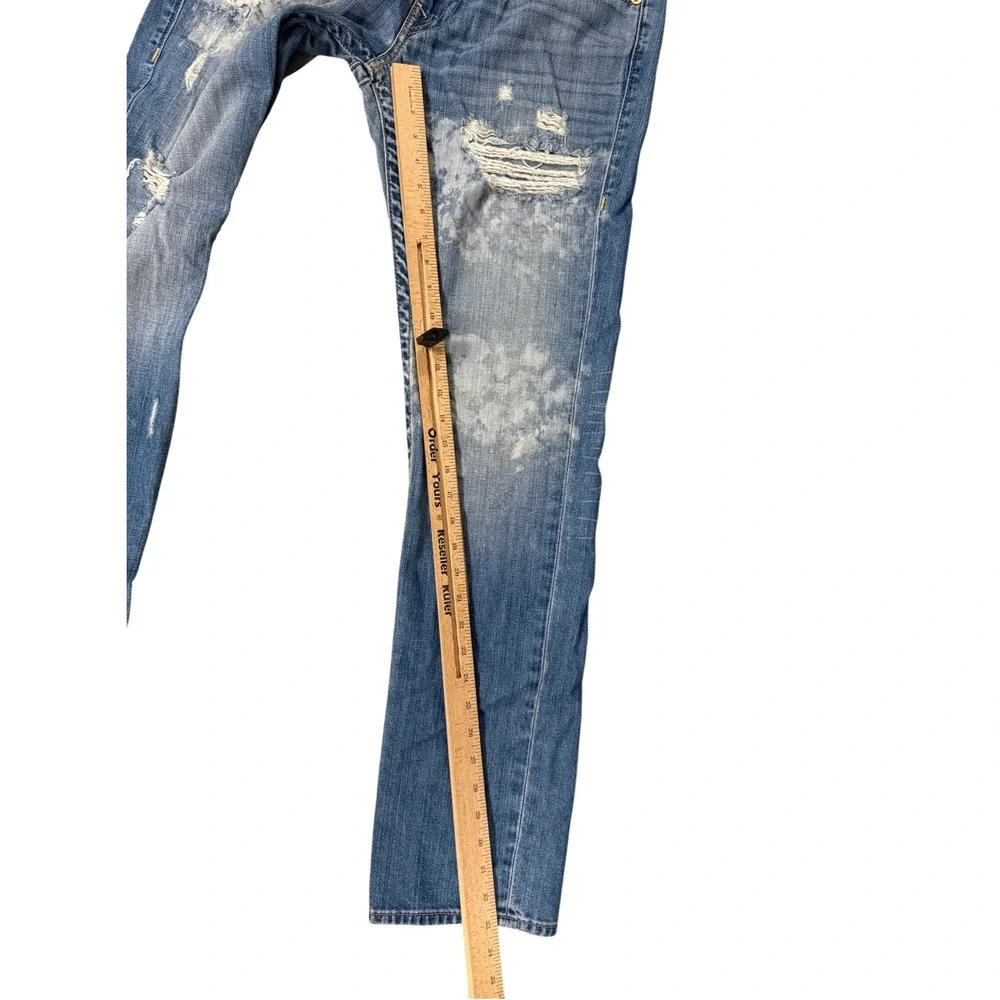 True Religion Skinny Flap Jeans Mens 33 Blue Distressed Bleached Splatter
